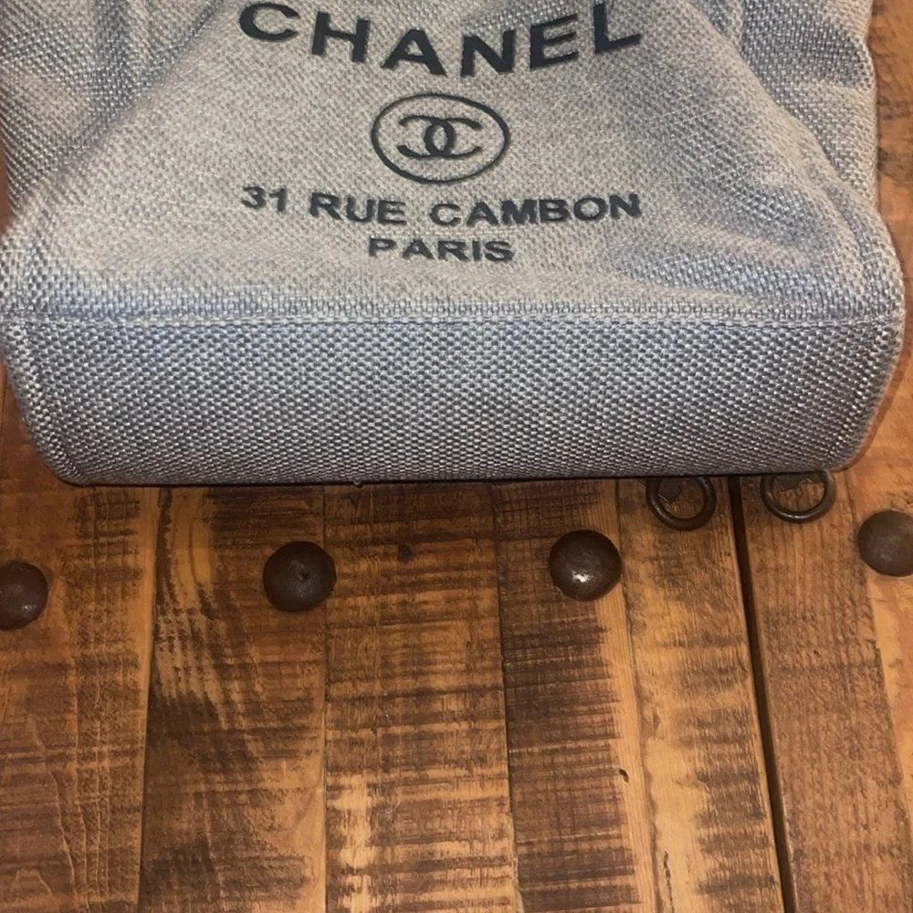 Authentic CHANEL CC Canvas Deauville Tote Chain Shoulder Bag